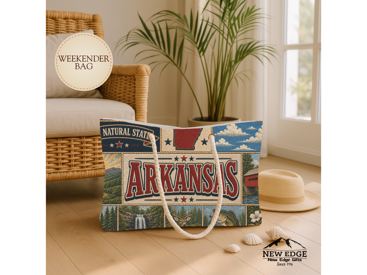 Arkansas Weekender Bag The Natural State Faux Patchwork Travel Tote Scenic Mountain Adventure State Souvenir Gift