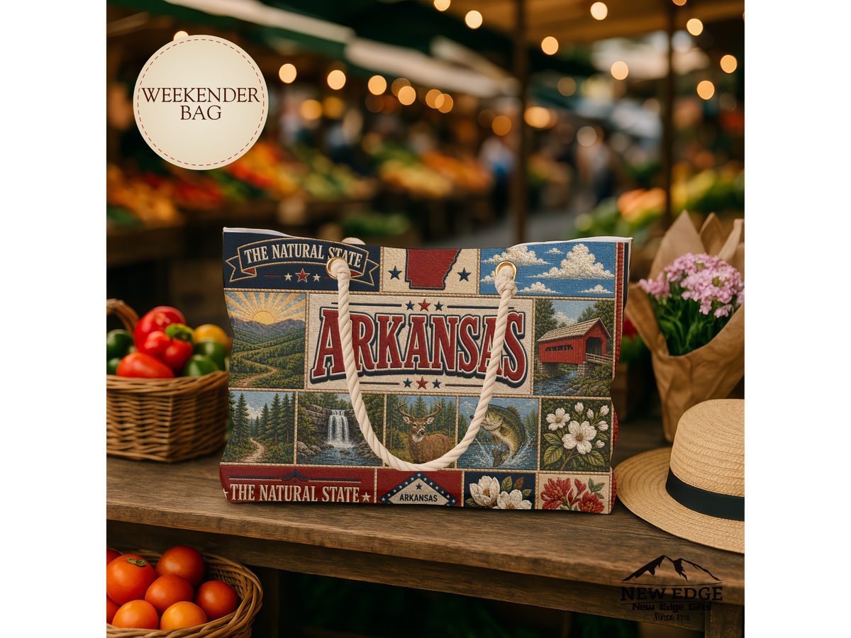 Arkansas Weekender Bag The Natural State Faux Patchwork Travel Tote Scenic Mountain Adventure State Souvenir Gift