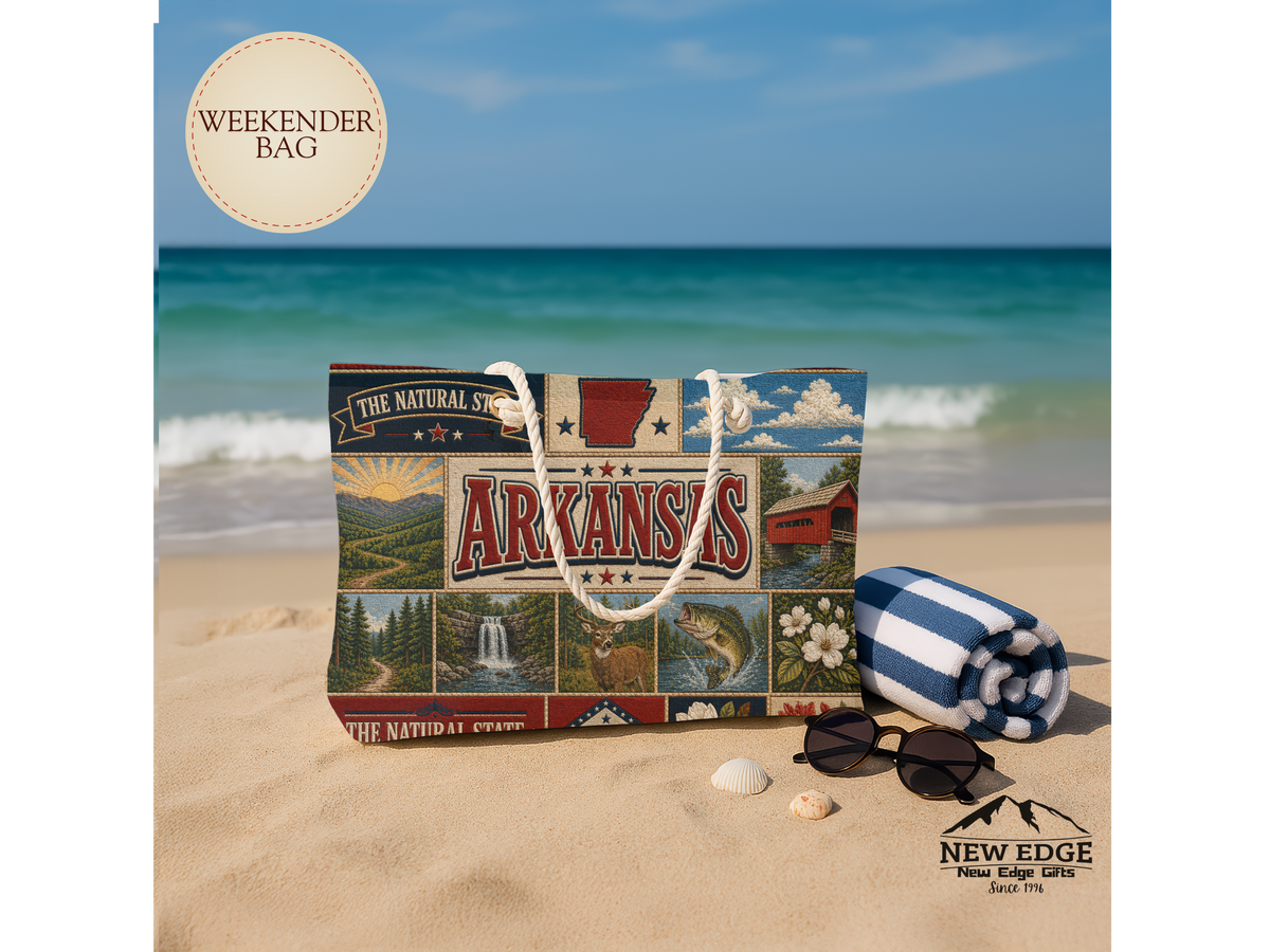 Arkansas Weekender Bag The Natural State Faux Patchwork Travel Tote Scenic Mountain Adventure State Souvenir Gift
