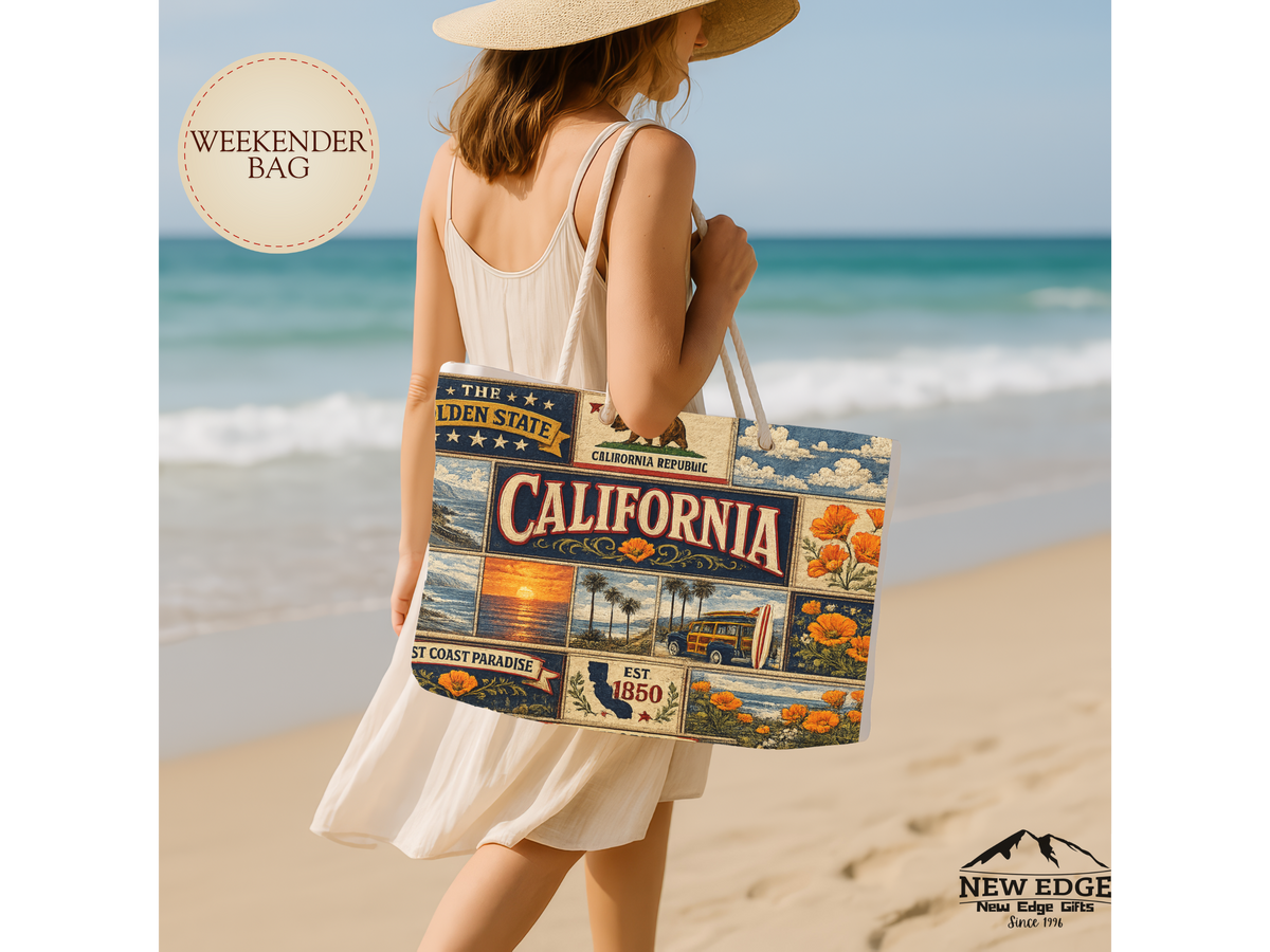 California Weekender Bag The Golden State Faux Patchwork Travel Tote West Coast Paradise Vintage State Souvenir Gift