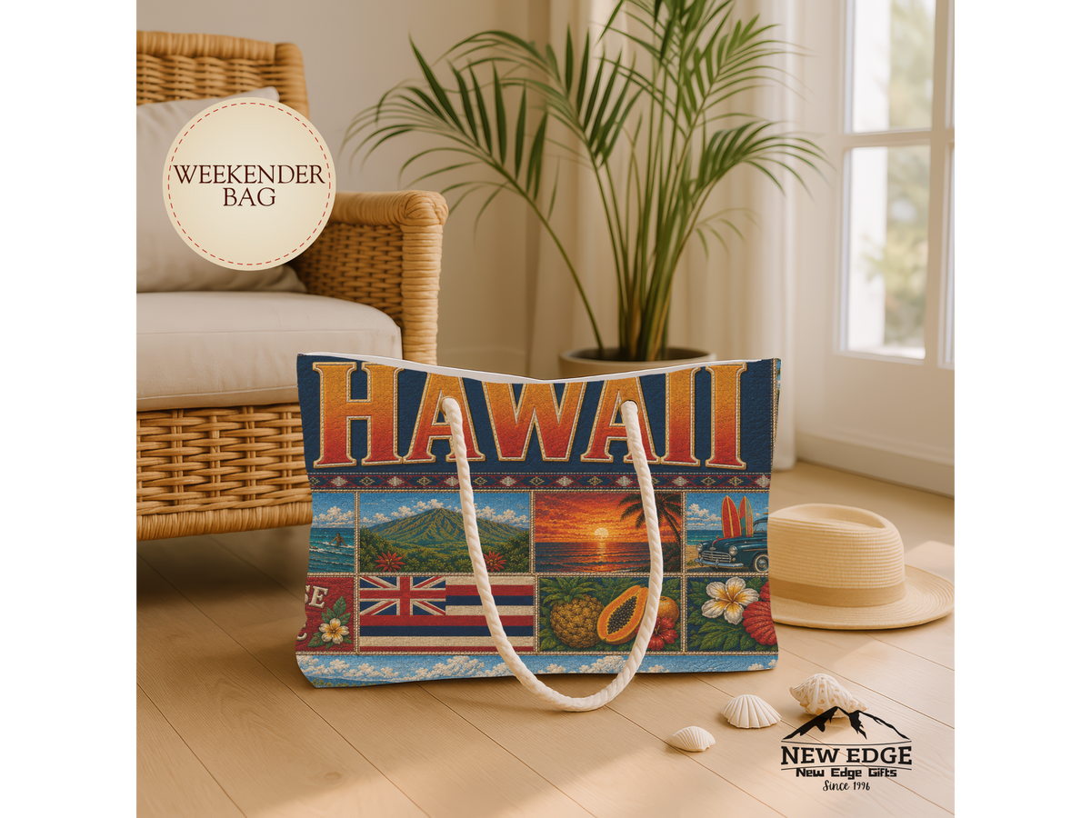 Hawaii Weekender Bag Aloha State Faux Patchwork Travel Tote Paradise of the Pacific Vintage Island Souvenir Gift