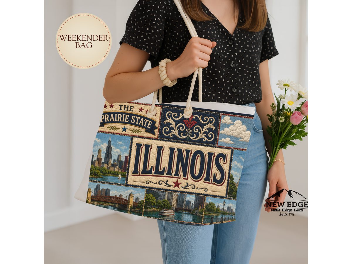 Illinois Weekender Bag Prairie State Faux Patchwork Travel Tote Land of Lincoln Historic Route 66 State Souvenir Gift