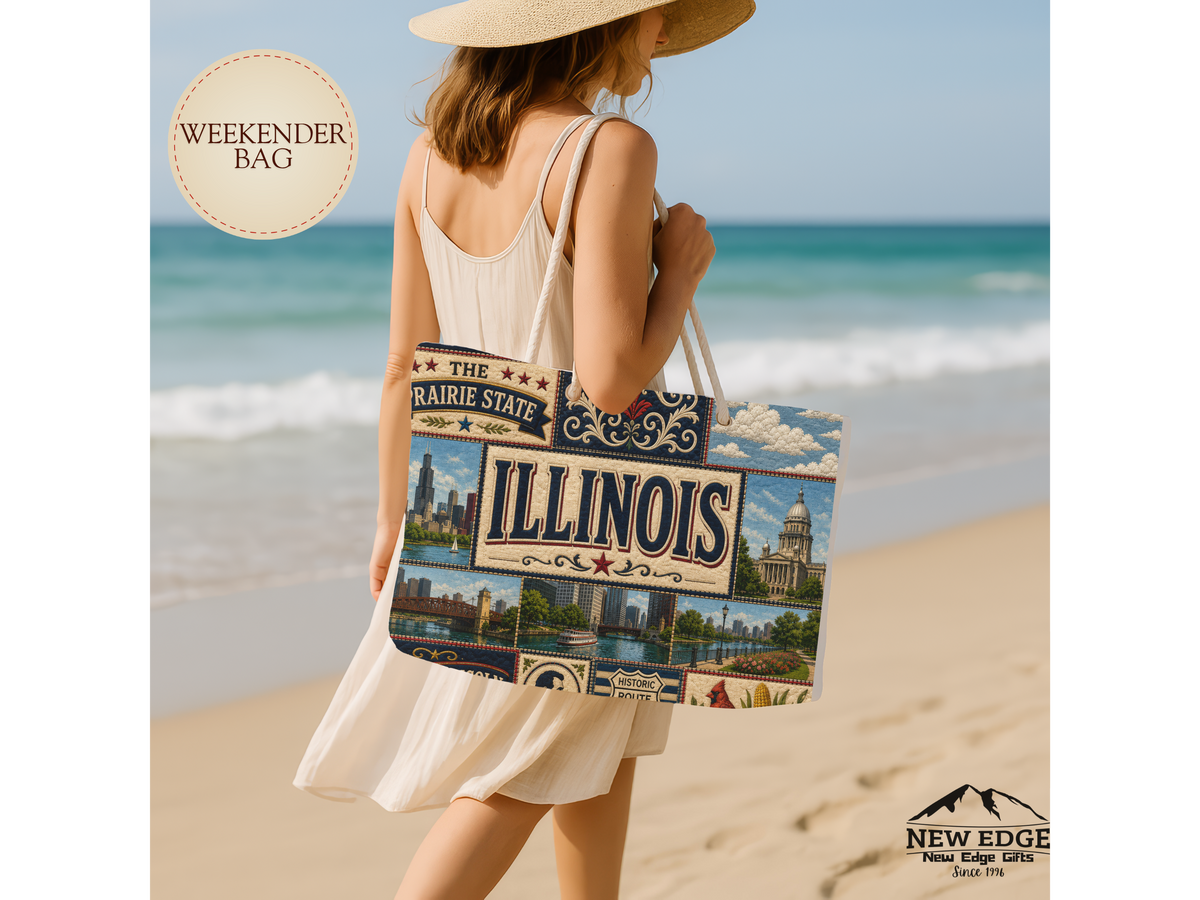 Illinois Weekender Bag Prairie State Faux Patchwork Travel Tote Land of Lincoln Historic Route 66 State Souvenir Gift