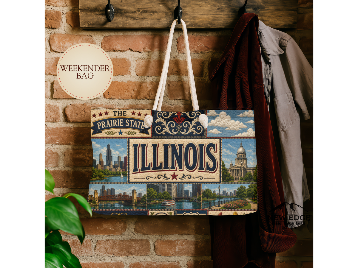 Illinois Weekender Bag Prairie State Faux Patchwork Travel Tote Land of Lincoln Historic Route 66 State Souvenir Gift