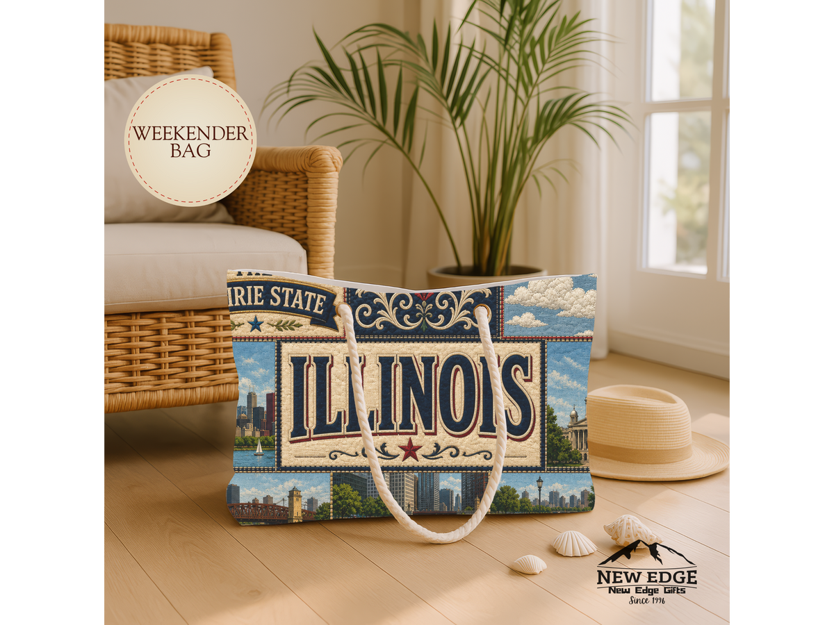 Illinois Weekender Bag Prairie State Faux Patchwork Travel Tote Land of Lincoln Historic Route 66 State Souvenir Gift