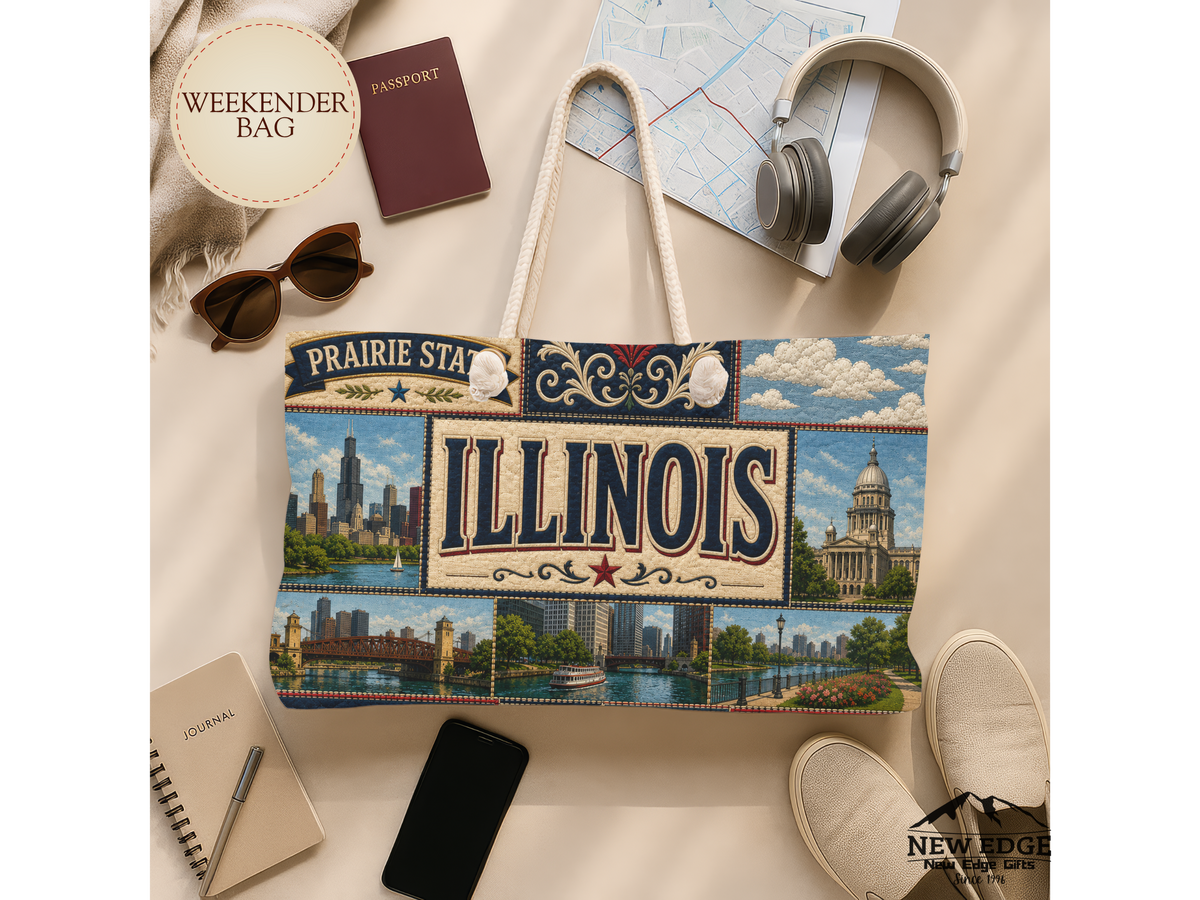 Illinois Weekender Bag Prairie State Faux Patchwork Travel Tote Land of Lincoln Historic Route 66 State Souvenir Gift
