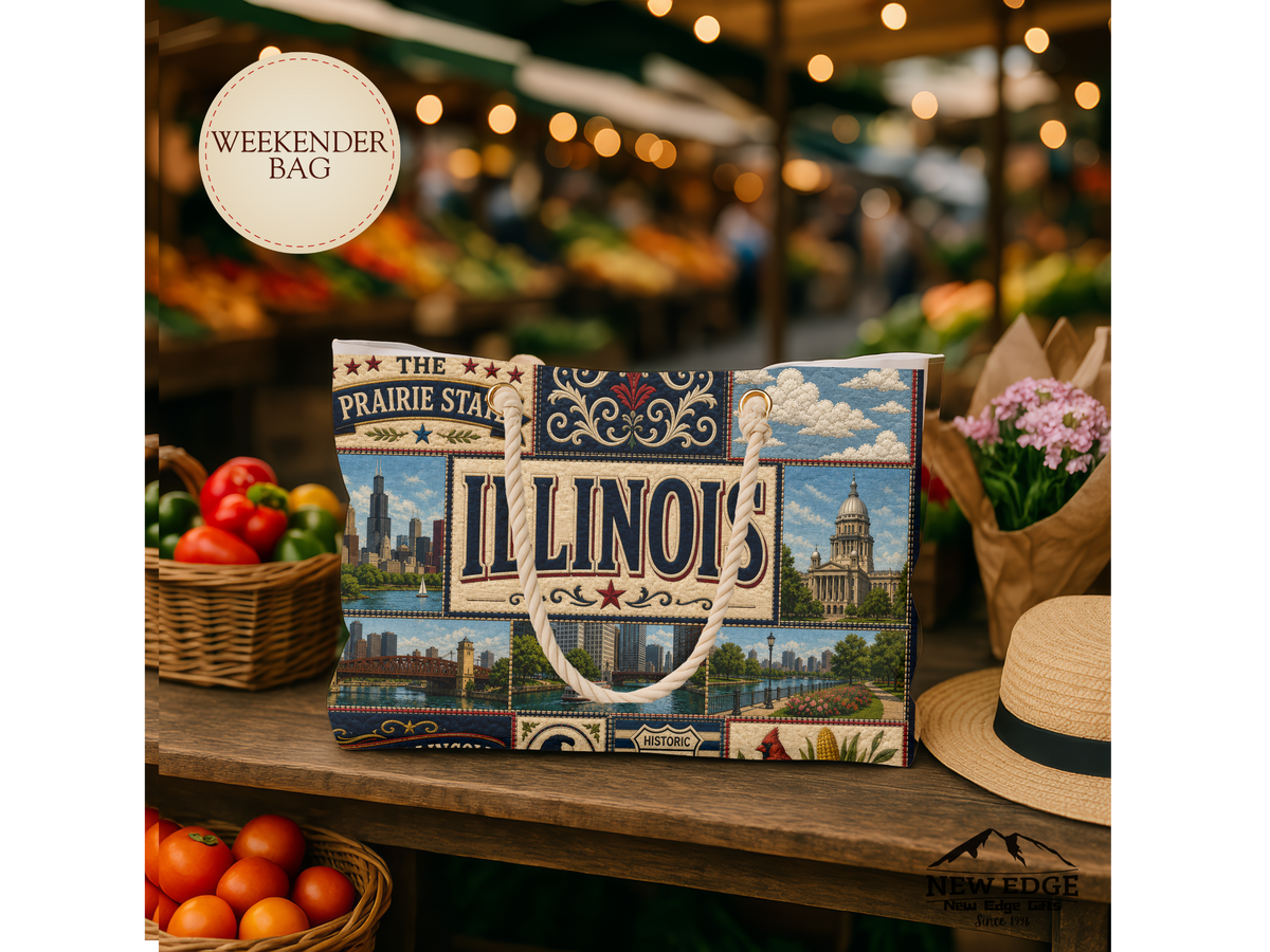 Illinois Weekender Bag Prairie State Faux Patchwork Travel Tote Land of Lincoln Historic Route 66 State Souvenir Gift