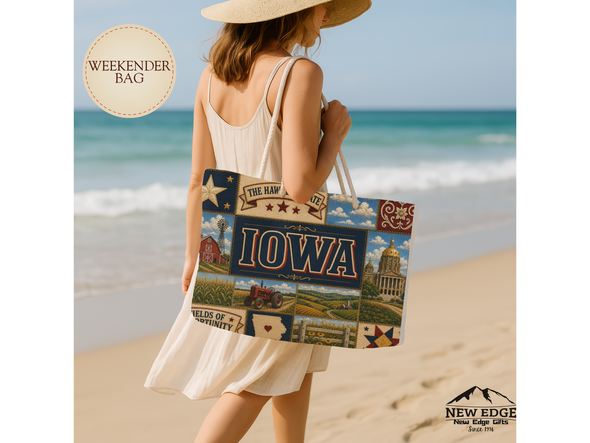 Iowa Weekender Bag Hawkeye State Faux Patchwork Travel Tote Fields of Opportunity Vintage State Souvenir Gift