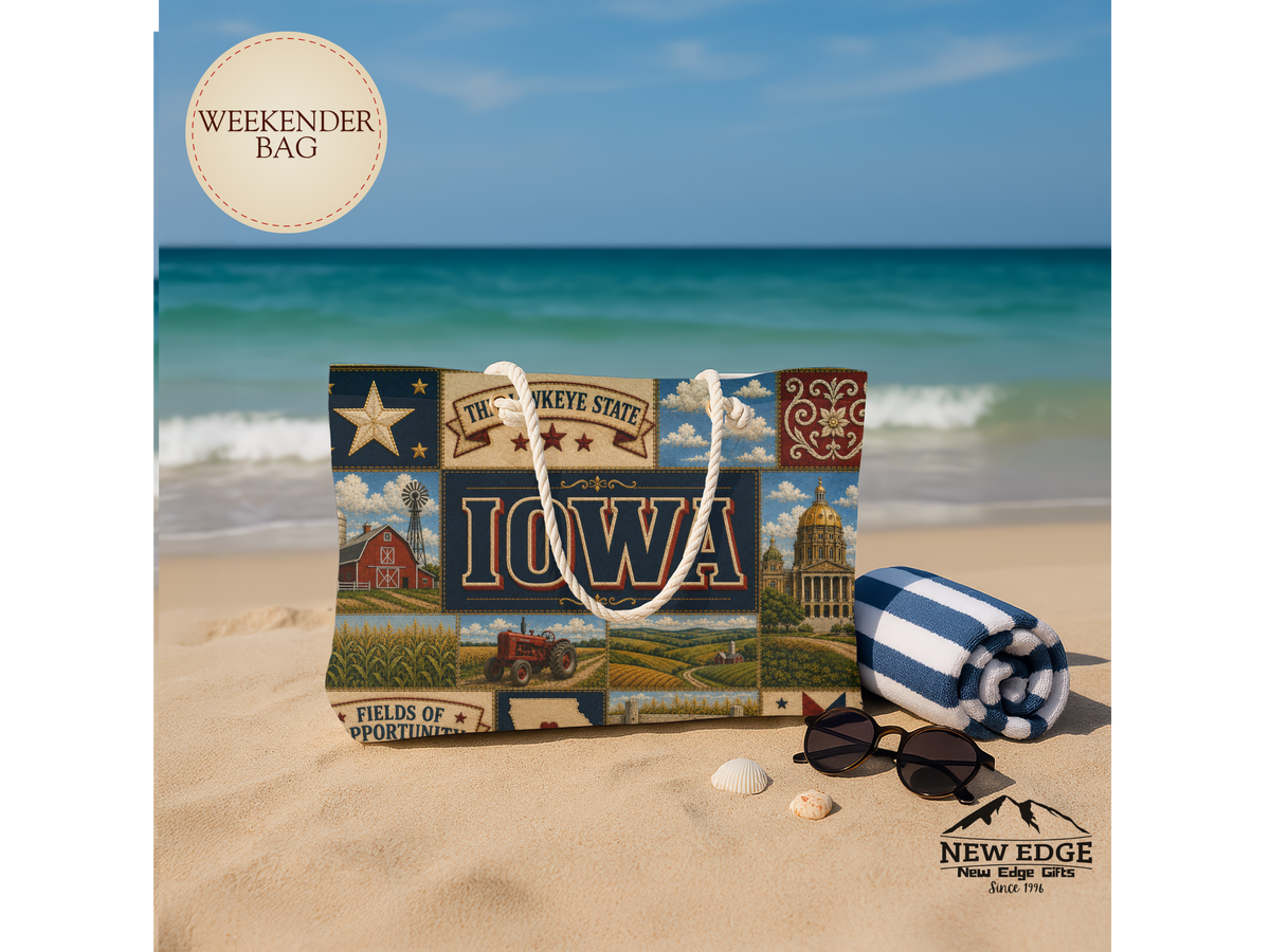 Iowa Weekender Bag Hawkeye State Faux Patchwork Travel Tote Fields of Opportunity Vintage State Souvenir Gift