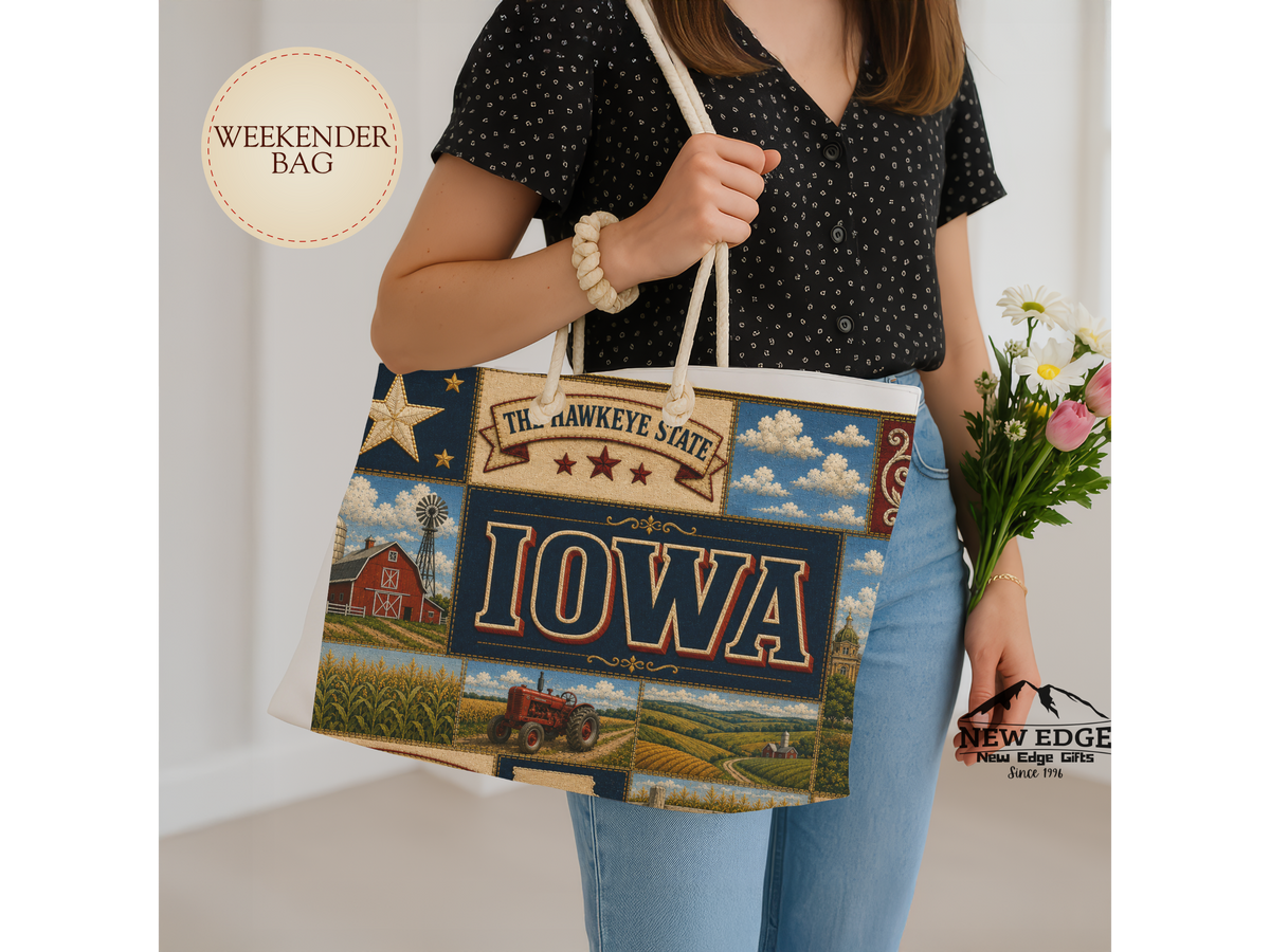 Iowa Weekender Bag Hawkeye State Faux Patchwork Travel Tote Fields of Opportunity Vintage State Souvenir Gift