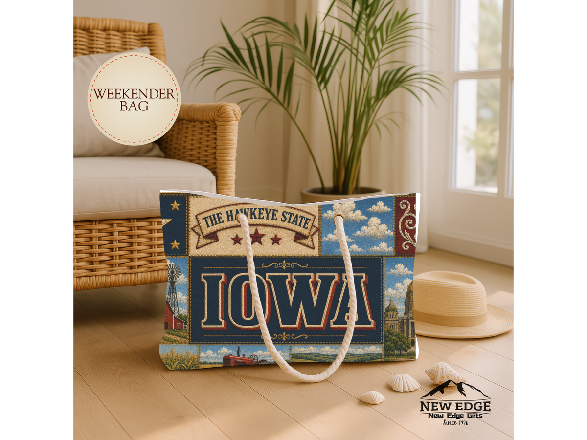 Iowa Weekender Bag Hawkeye State Faux Patchwork Travel Tote Fields of Opportunity Vintage State Souvenir Gift