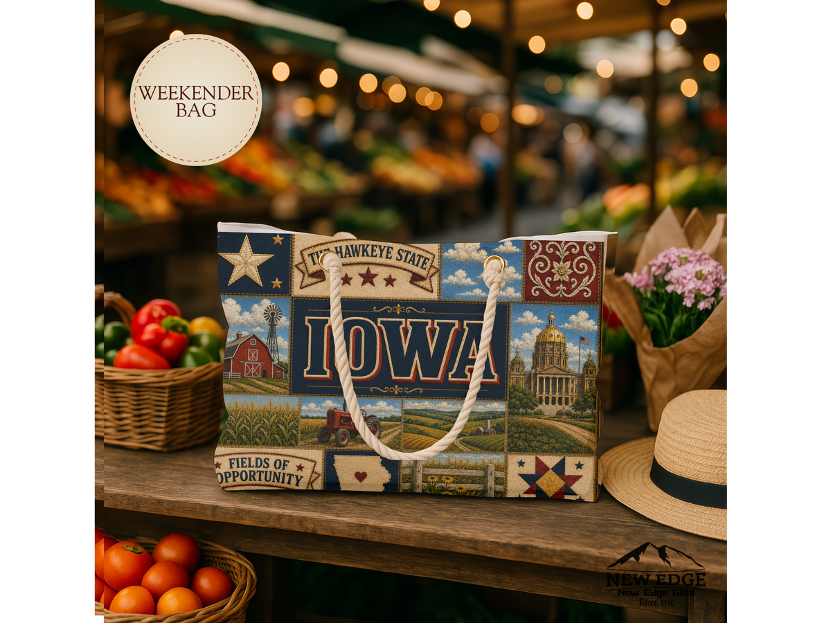 Iowa Weekender Bag Hawkeye State Faux Patchwork Travel Tote Fields of Opportunity Vintage State Souvenir Gift