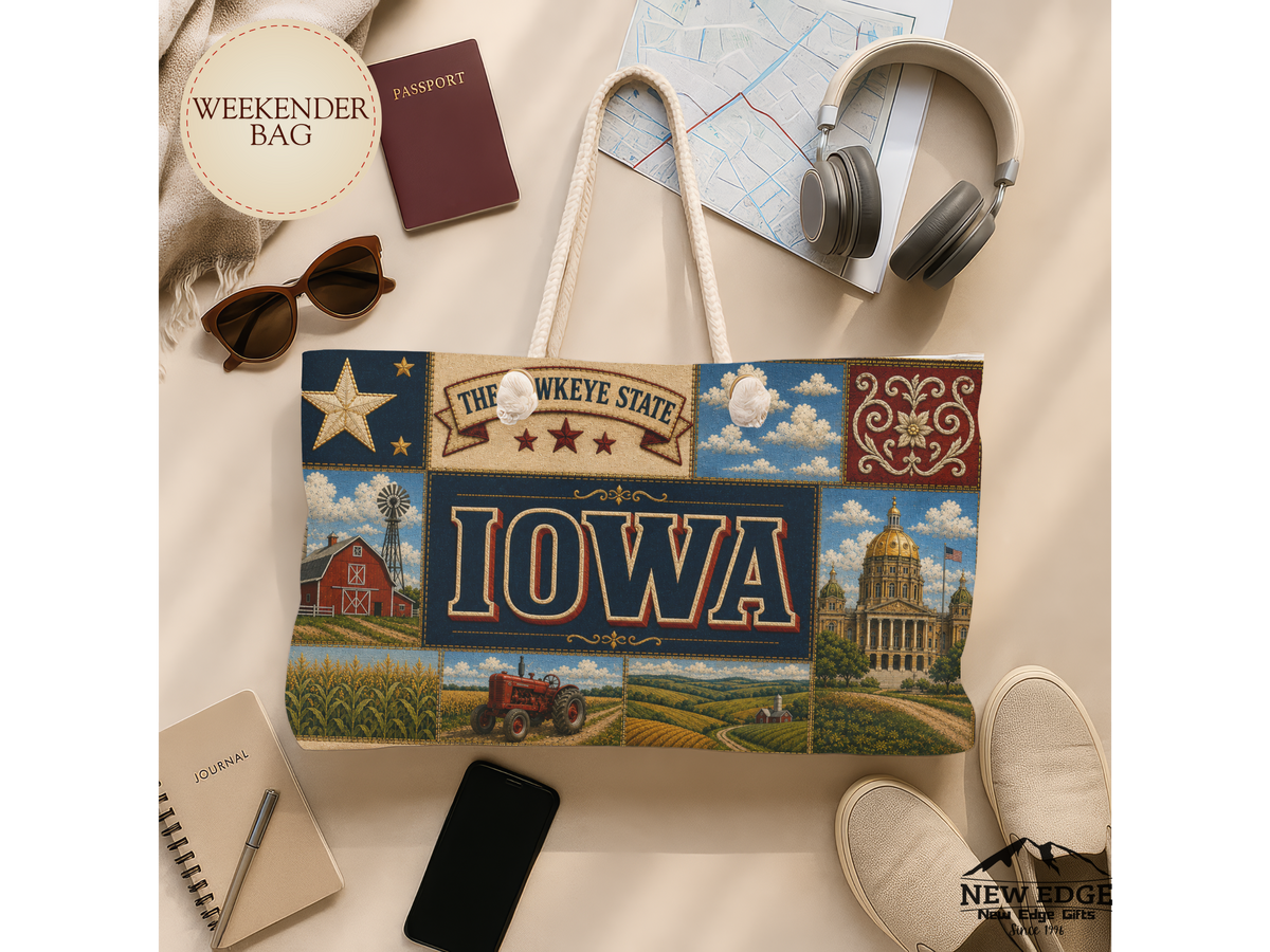 Iowa Weekender Bag Hawkeye State Faux Patchwork Travel Tote Fields of Opportunity Vintage State Souvenir Gift