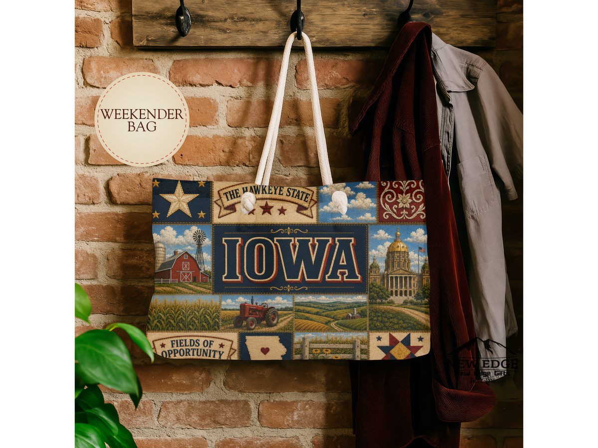 Iowa Weekender Bag Hawkeye State Faux Patchwork Travel Tote Fields of Opportunity Vintage State Souvenir Gift