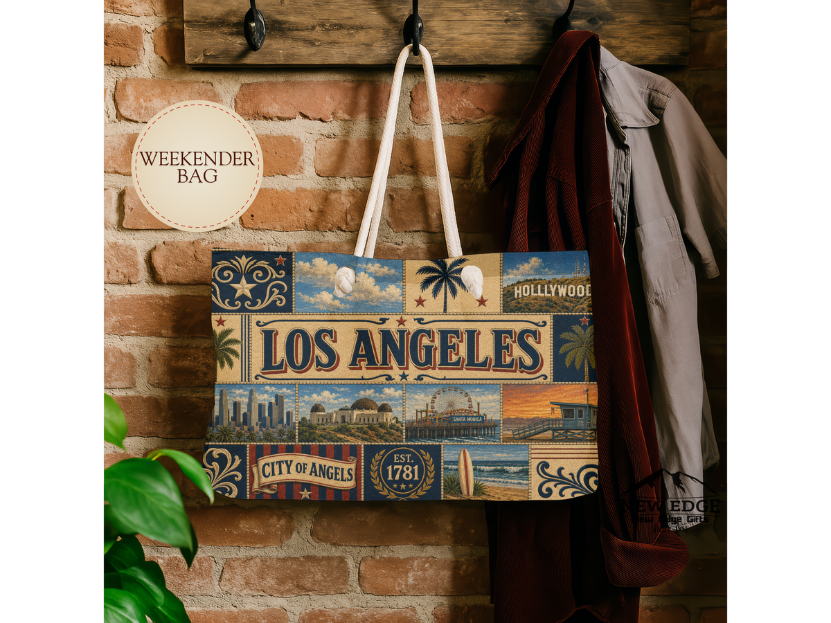 Los Angeles California Weekender Bag City of Angels Faux Patchwork Travel Tote Hollywood Coastal Vintage Souvenir Gift