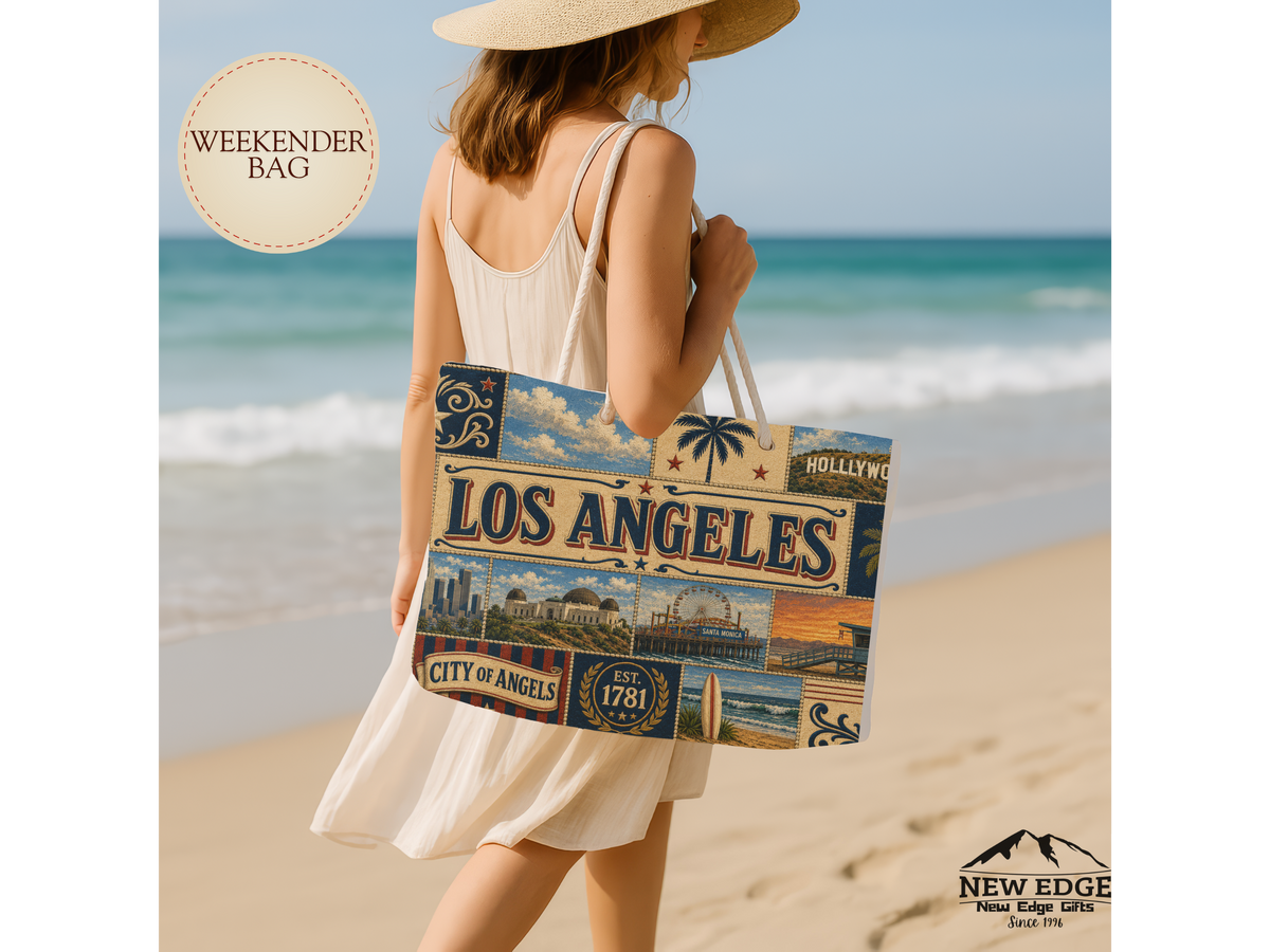 Los Angeles California Weekender Bag City of Angels Faux Patchwork Travel Tote Hollywood Coastal Vintage Souvenir Gift