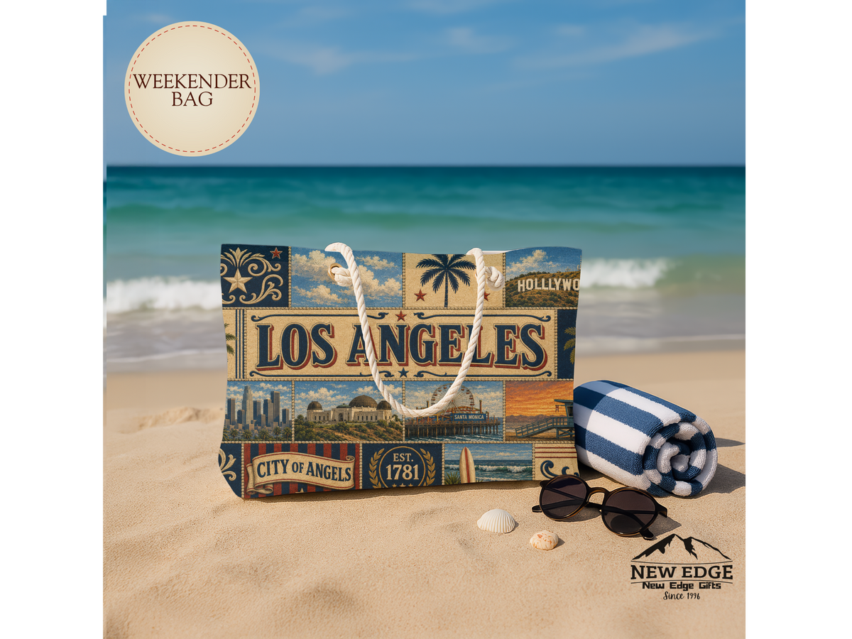 Los Angeles California Weekender Bag City of Angels Faux Patchwork Travel Tote Hollywood Coastal Vintage Souvenir Gift