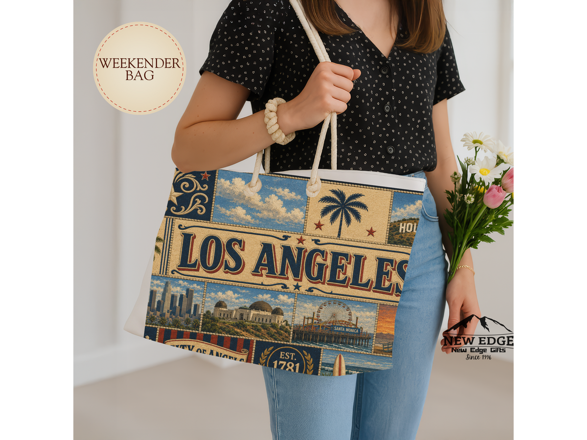 Los Angeles California Weekender Bag City of Angels Faux Patchwork Travel Tote Hollywood Coastal Vintage Souvenir Gift
