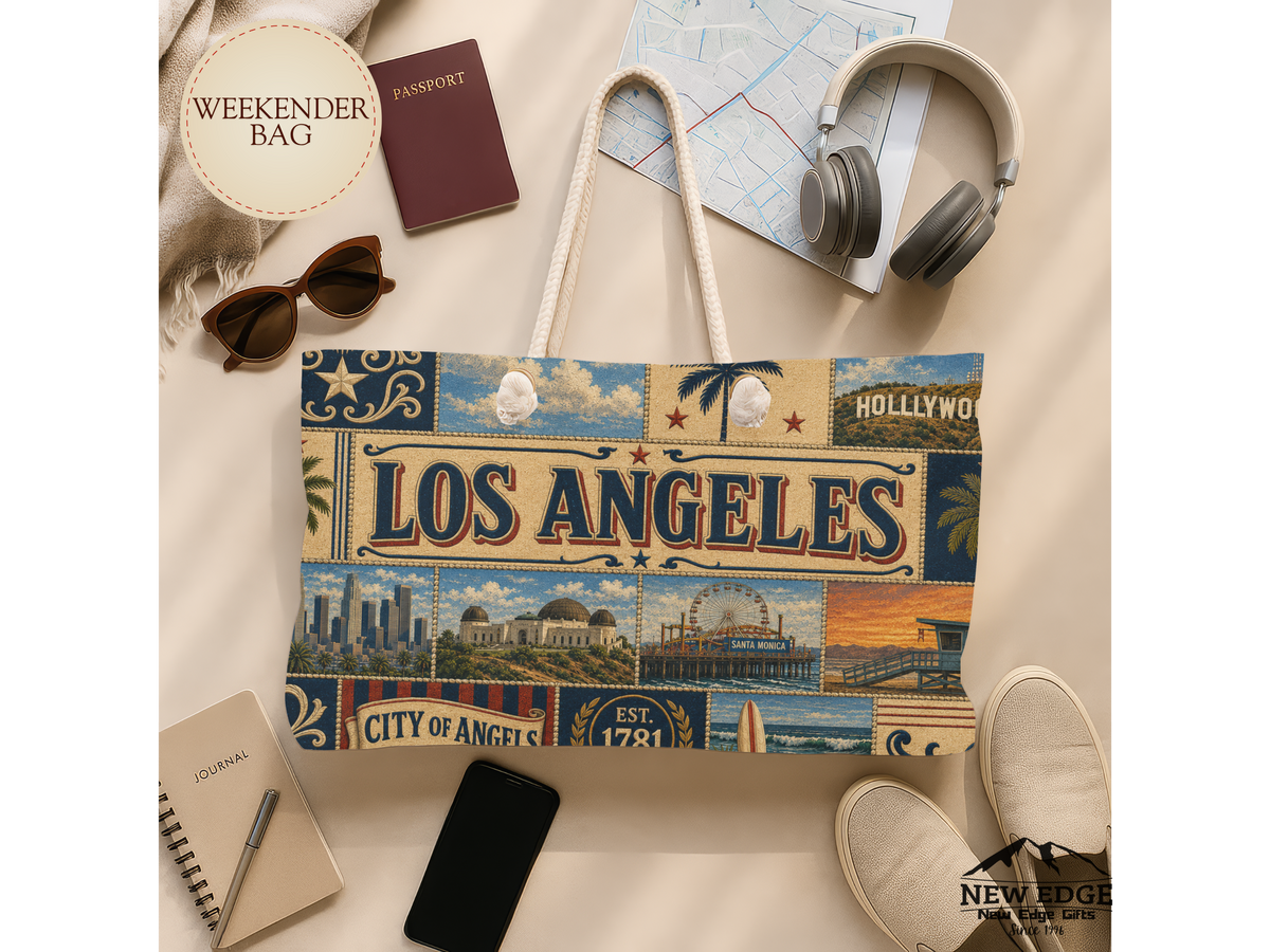Los Angeles California Weekender Bag City of Angels Faux Patchwork Travel Tote Hollywood Coastal Vintage Souvenir Gift