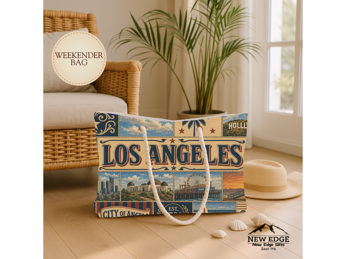 Los Angeles California Weekender Bag City of Angels Faux Patchwork Travel Tote Hollywood Coastal Vintage Souvenir Gift