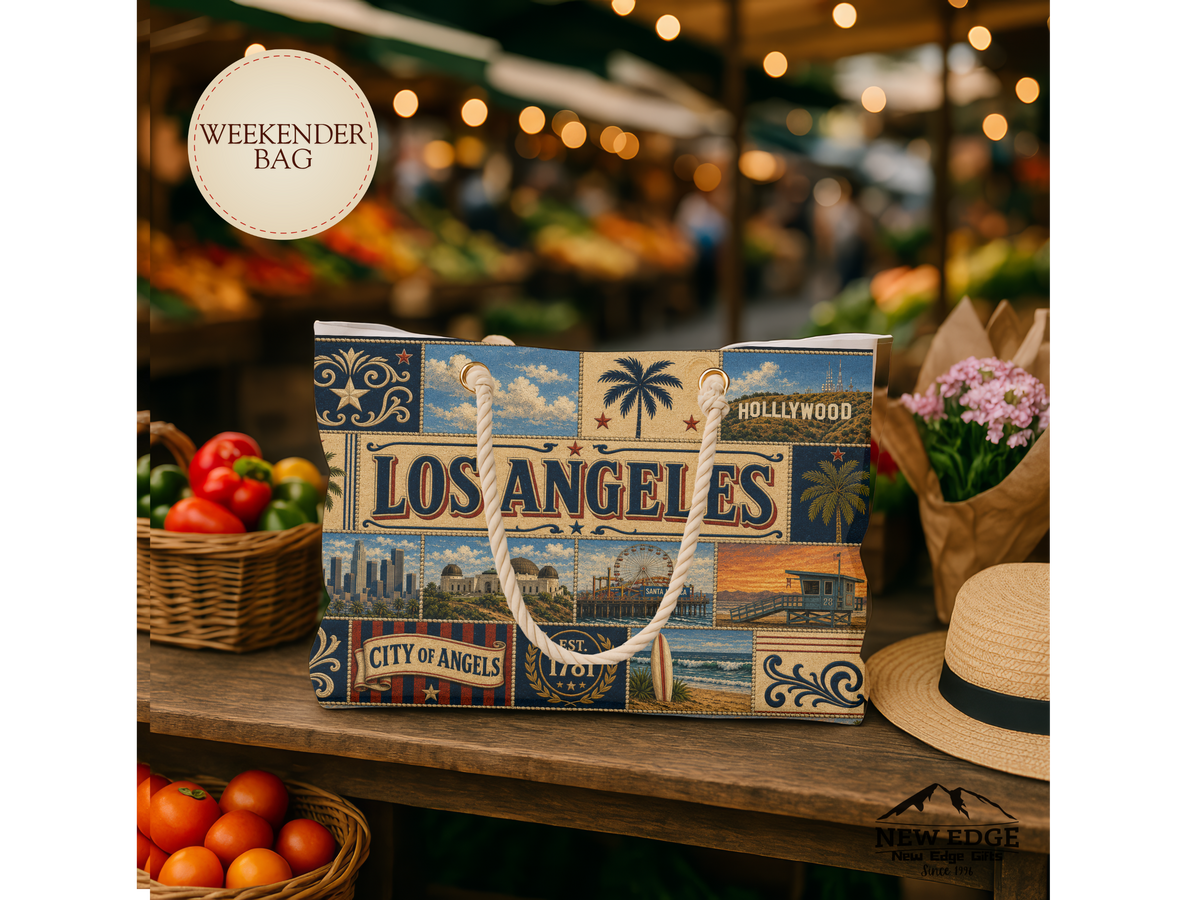 Los Angeles California Weekender Bag City of Angels Faux Patchwork Travel Tote Hollywood Coastal Vintage Souvenir Gift