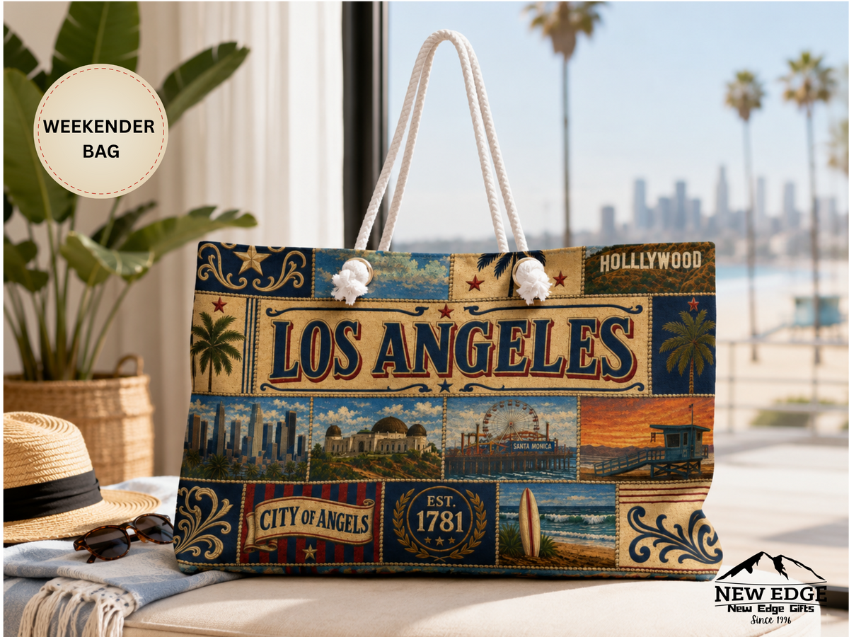Los Angeles California Weekender Bag City of Angels Faux Patchwork Travel Tote Hollywood Coastal Vintage Souvenir Gift