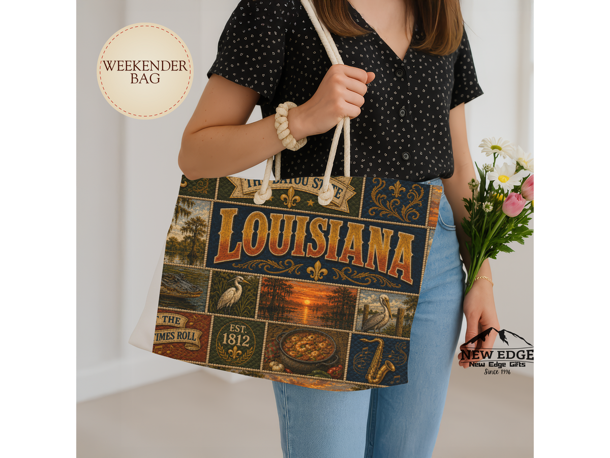 Louisiana Weekender Bag Bayou State Faux Patchwork Travel Tote Let the Good Times Roll Vintage Louisiana Souvenir Gift