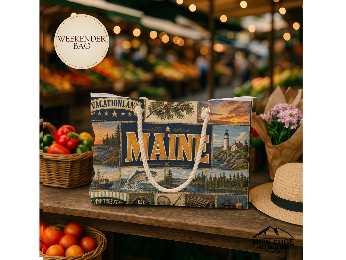 Maine Weekender Bag Vacationland Faux Patchwork Travel Tote Pine Tree State Coastal Adventure Souvenir Gift