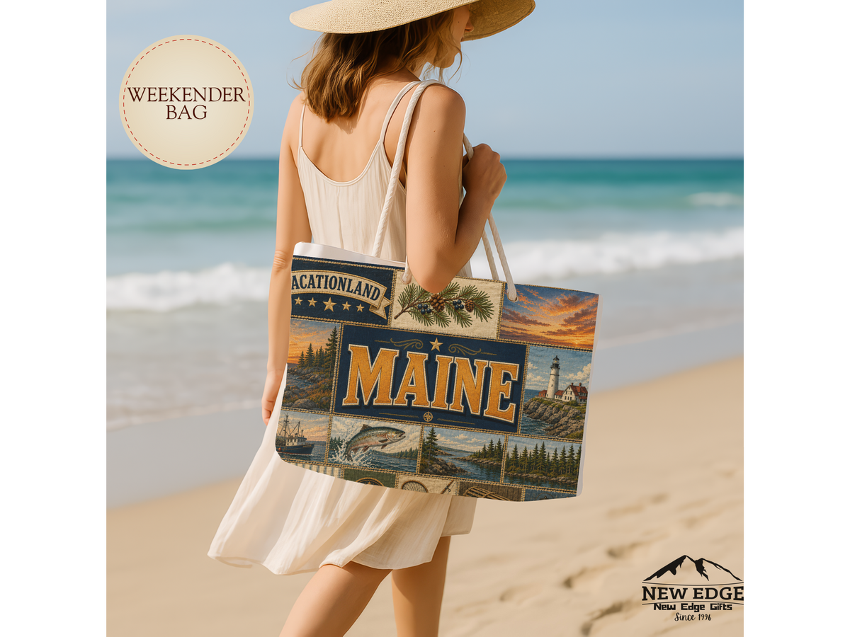 Maine Weekender Bag Vacationland Faux Patchwork Travel Tote Pine Tree State Coastal Adventure Souvenir Gift