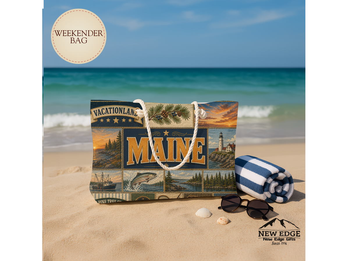 Maine Weekender Bag Vacationland Faux Patchwork Travel Tote Pine Tree State Coastal Adventure Souvenir Gift