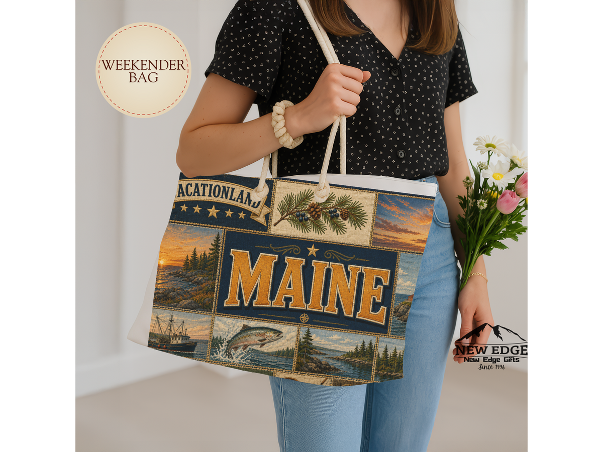 Maine Weekender Bag Vacationland Faux Patchwork Travel Tote Pine Tree State Coastal Adventure Souvenir Gift