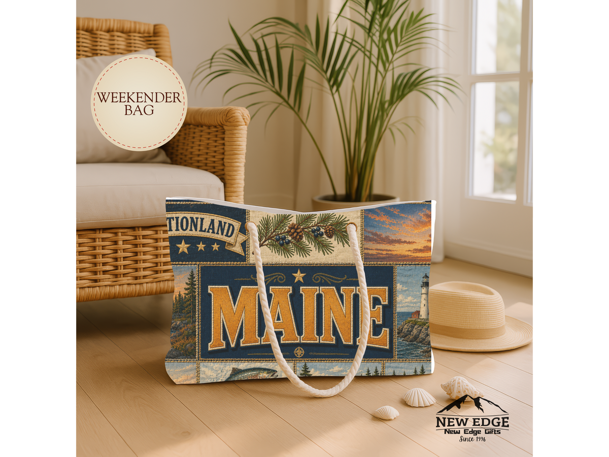 Maine Weekender Bag Vacationland Faux Patchwork Travel Tote Pine Tree State Coastal Adventure Souvenir Gift