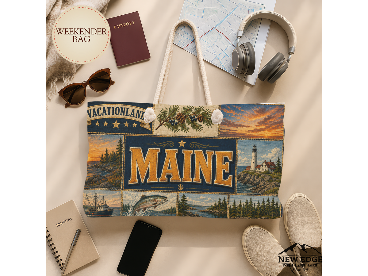 Maine Weekender Bag Vacationland Faux Patchwork Travel Tote Pine Tree State Coastal Adventure Souvenir Gift