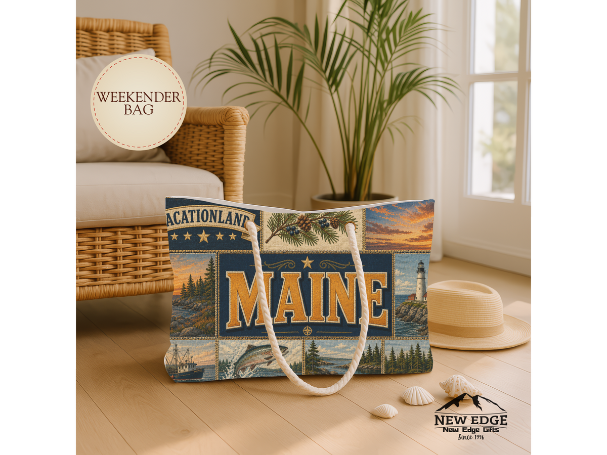 Maine Weekender Bag Vacationland Faux Patchwork Travel Tote Pine Tree State Coastal Adventure Souvenir Gift