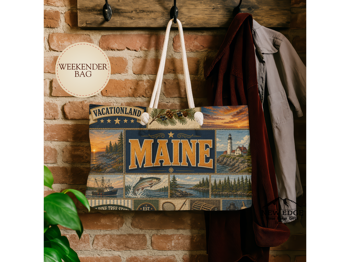 Maine Weekender Bag Vacationland Faux Patchwork Travel Tote Pine Tree State Coastal Adventure Souvenir Gift