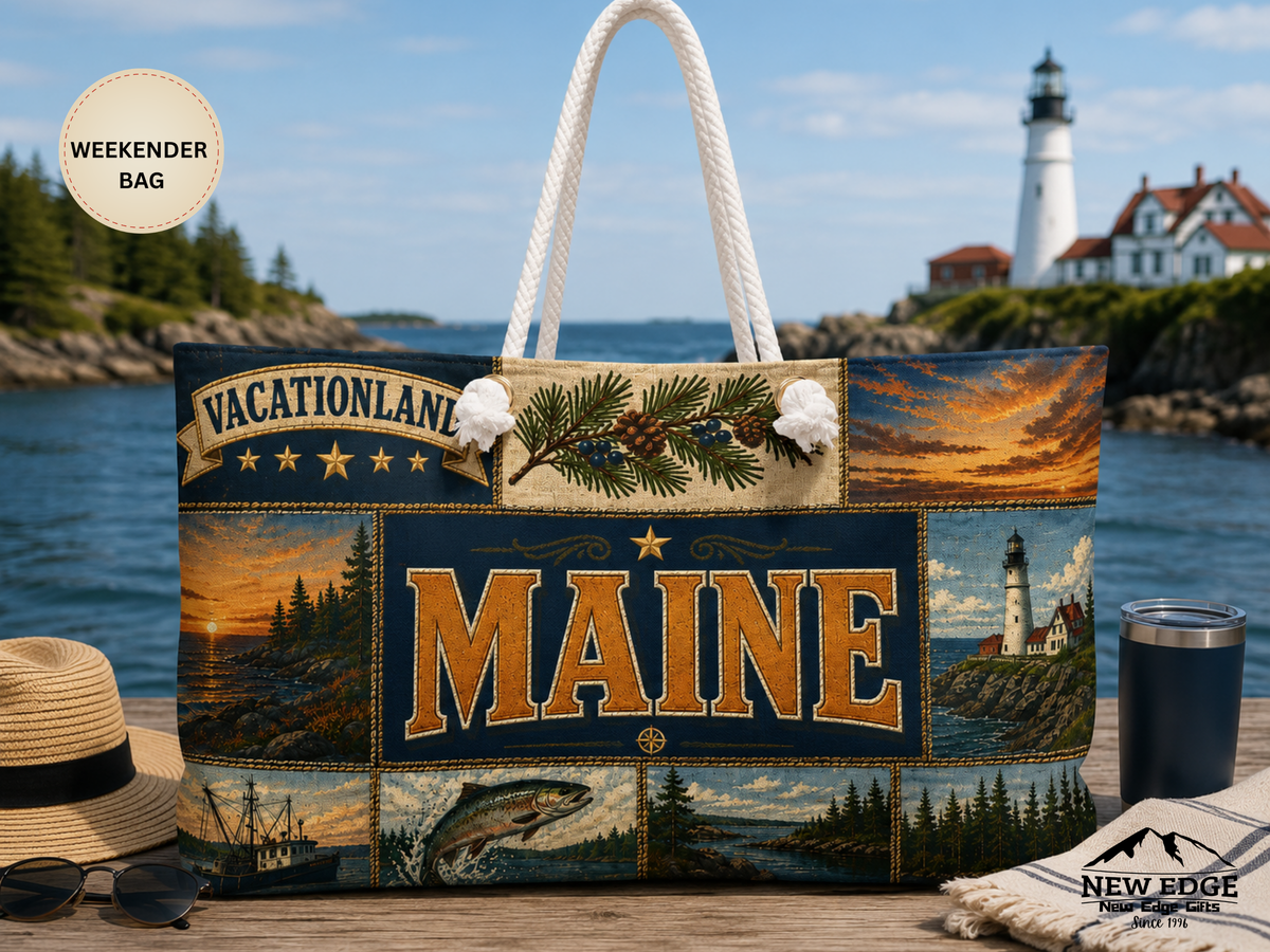 Maine Weekender Bag Vacationland Faux Patchwork Travel Tote Pine Tree State Coastal Adventure Souvenir Gift