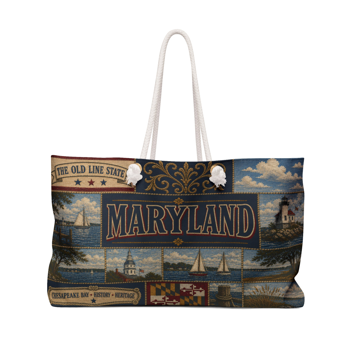 Maryland Weekender Bag Old Line State Faux Patchwork Travel Tote Chesapeake Bay Heritage Vintage Souvenir Gift