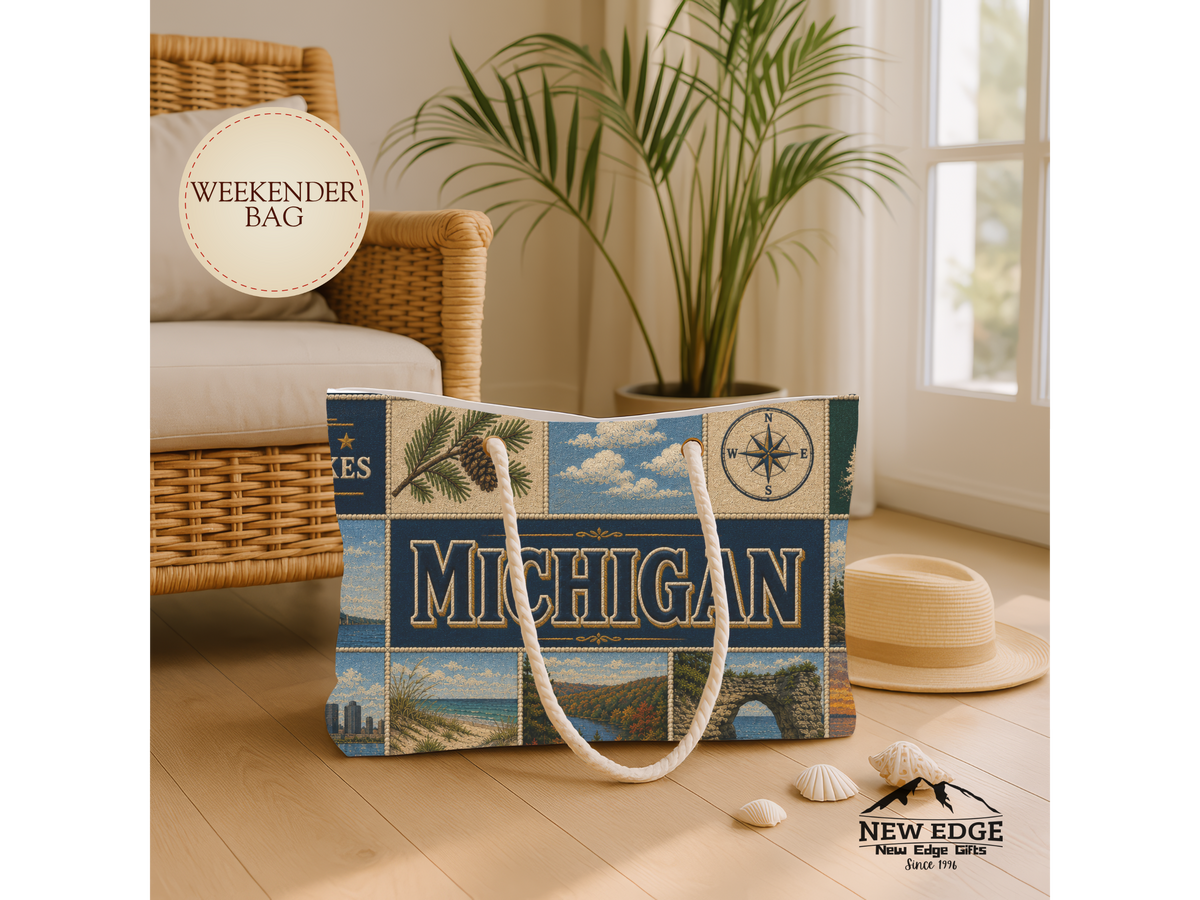 Michigan Collage Weekender Bag – Vintage Great Lakes Travel Tote