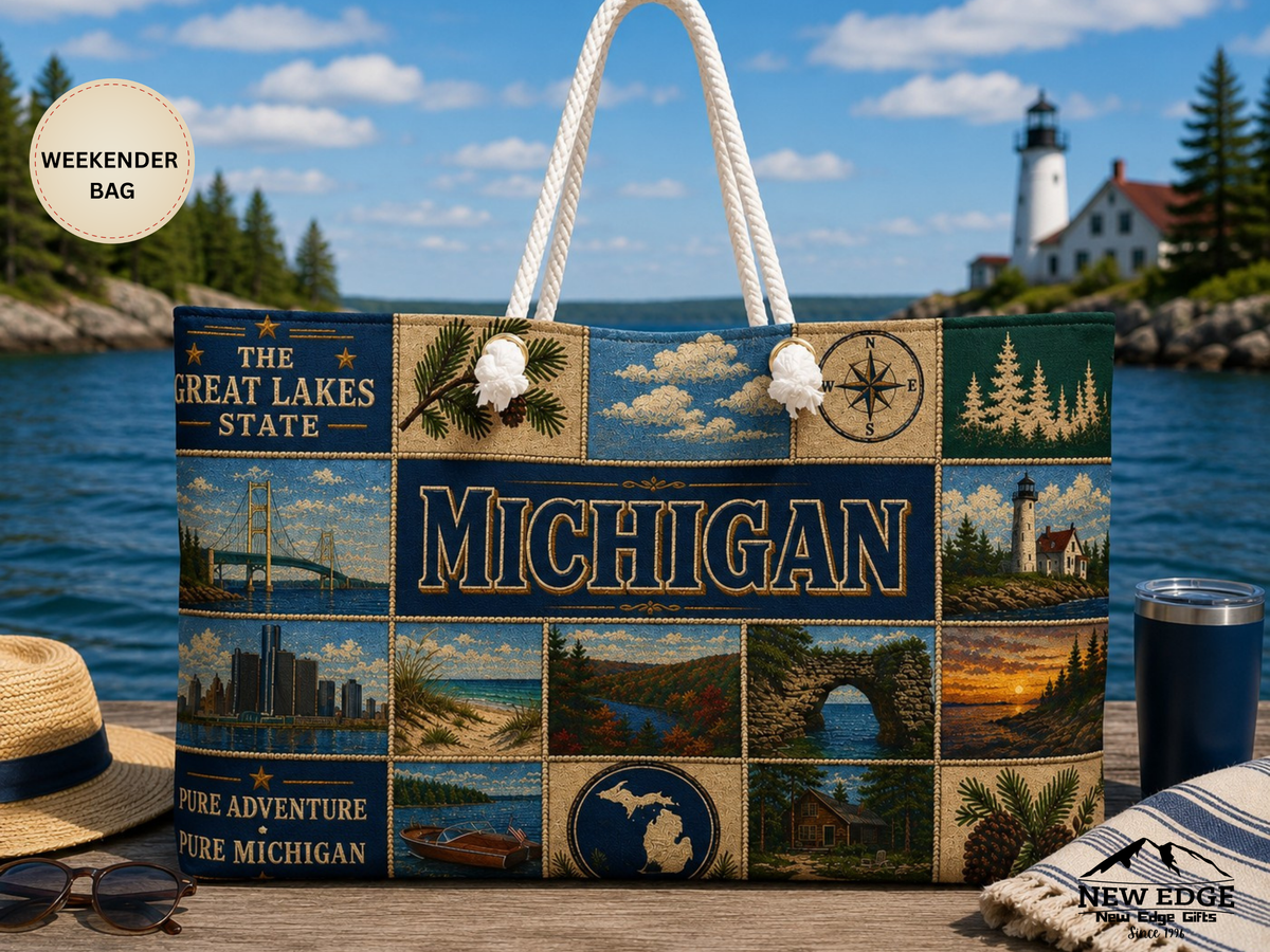 Michigan Collage Weekender Bag – Vintage Great Lakes Travel Tote