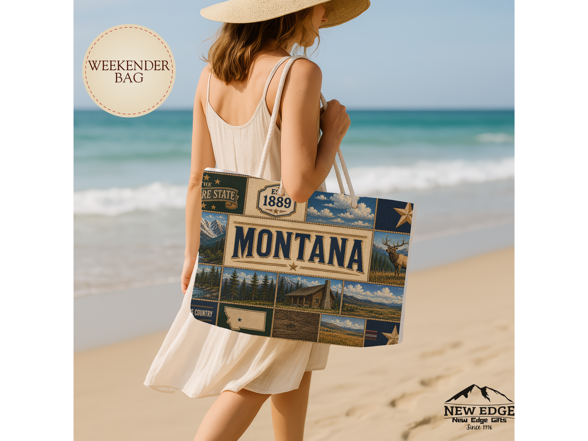 Montana Weekender Bag Treasure State Faux Patchwork Travel Tote Big Sky Country Mountain Adventure Souvenir Gift
