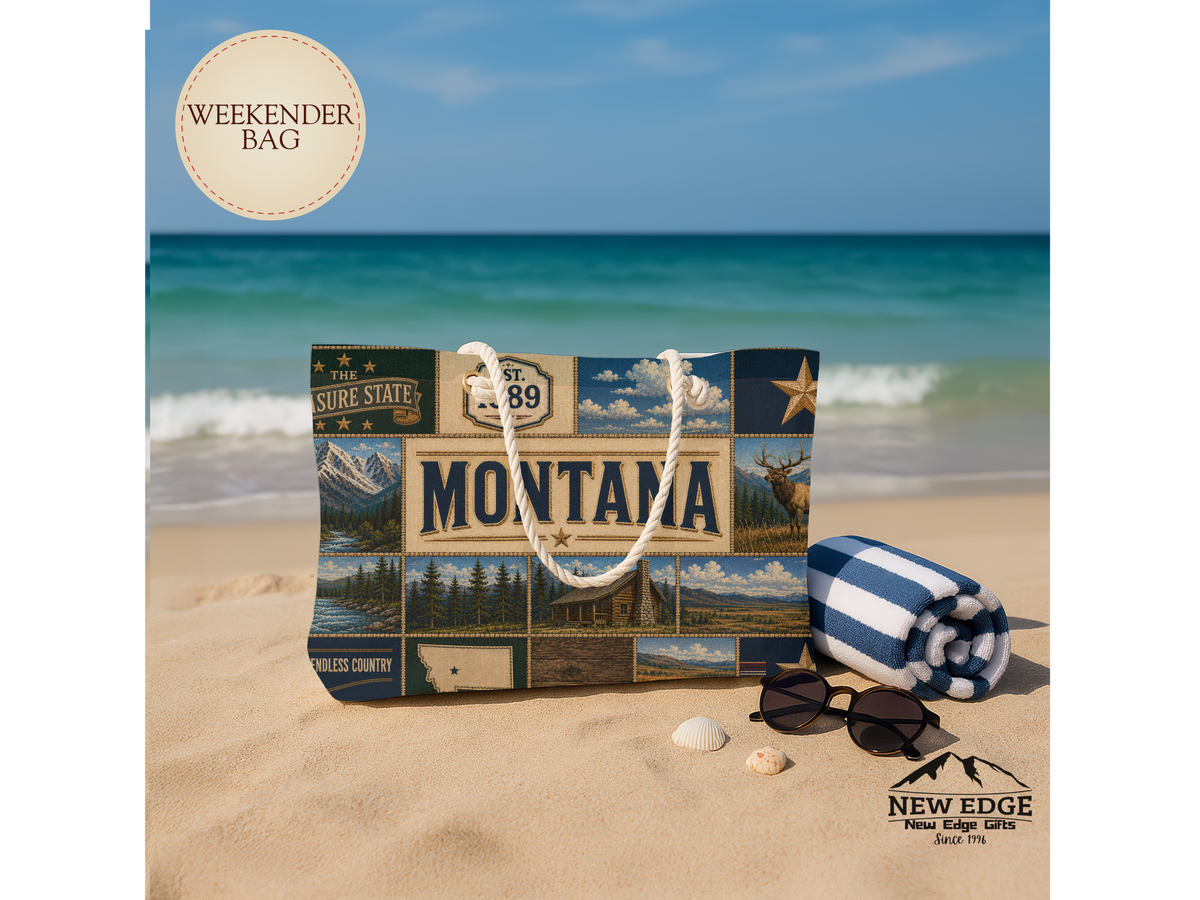 Montana Weekender Bag Treasure State Faux Patchwork Travel Tote Big Sky Country Mountain Adventure Souvenir Gift