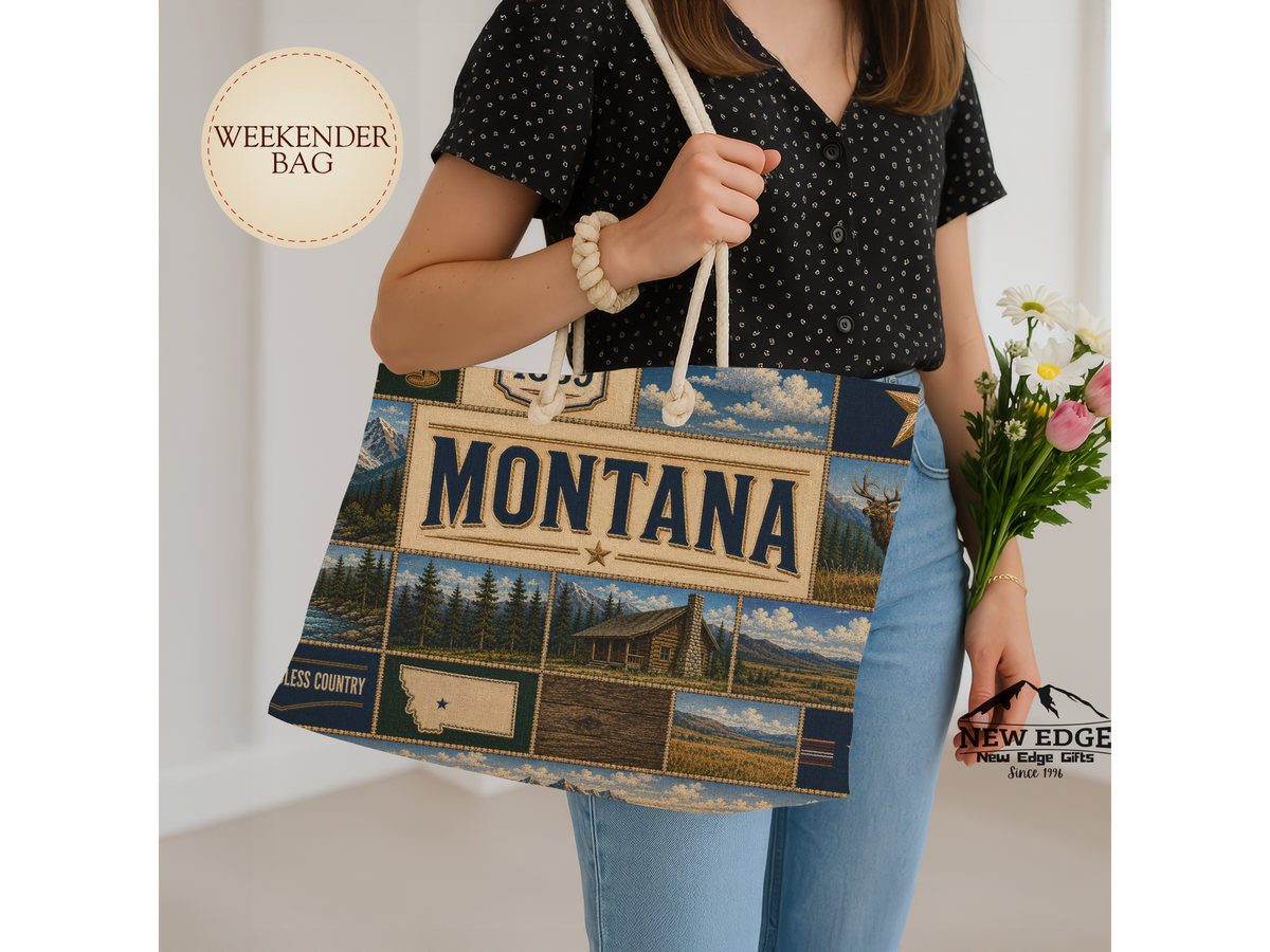 Montana Weekender Bag Treasure State Faux Patchwork Travel Tote Big Sky Country Mountain Adventure Souvenir Gift