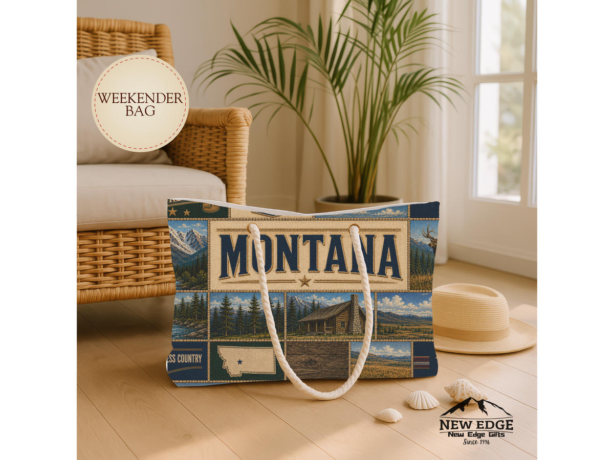 Montana Weekender Bag Treasure State Faux Patchwork Travel Tote Big Sky Country Mountain Adventure Souvenir Gift