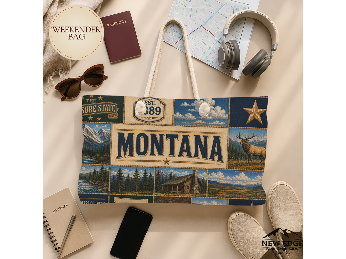 Montana Weekender Bag Treasure State Faux Patchwork Travel Tote Big Sky Country Mountain Adventure Souvenir Gift