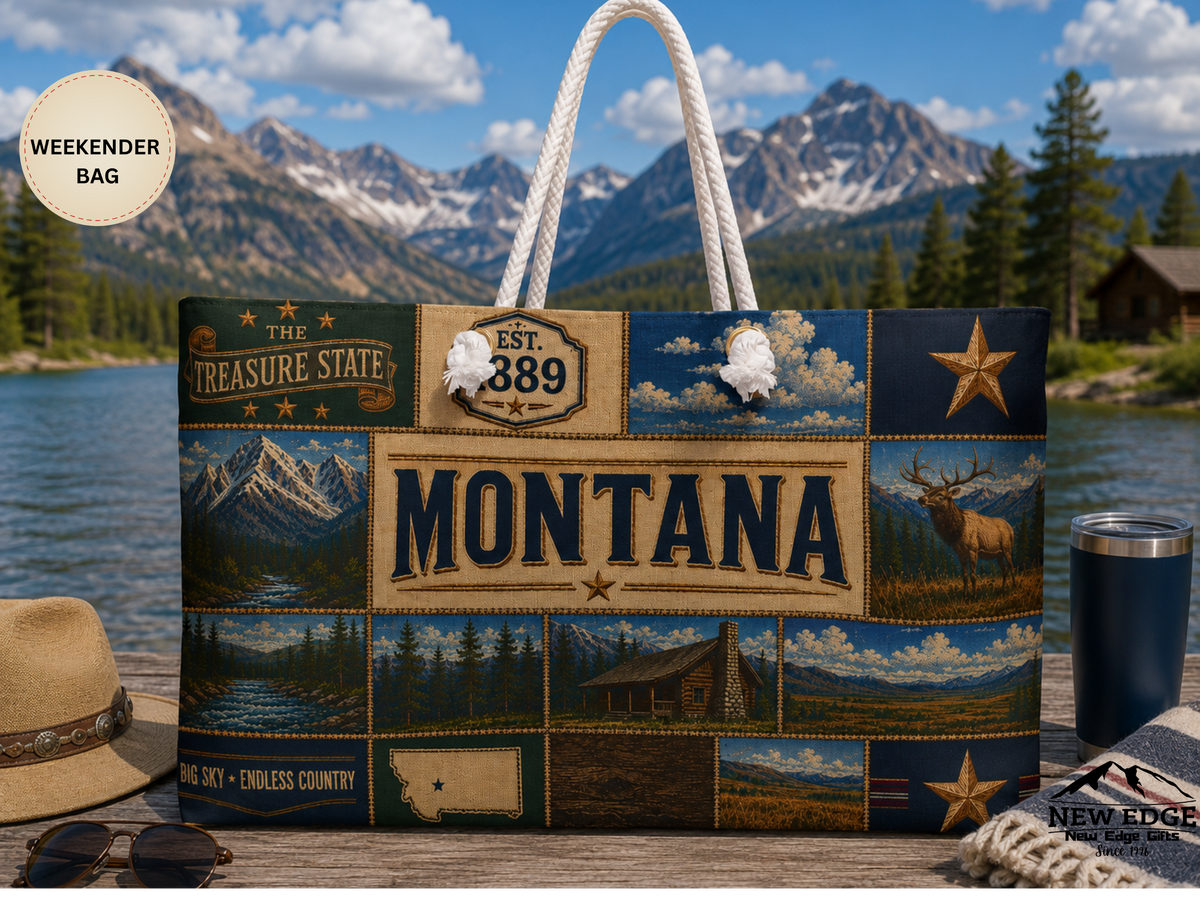 Montana Weekender Bag Treasure State Faux Patchwork Travel Tote Big Sky Country Mountain Adventure Souvenir Gift
