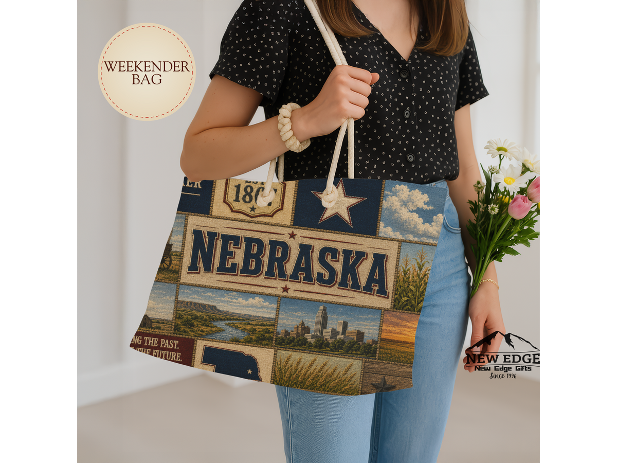 Nebraska Weekender Bag Cornhusker State Faux Patchwork Travel Tote Honoring the Past Building the Future Souvenir Gift