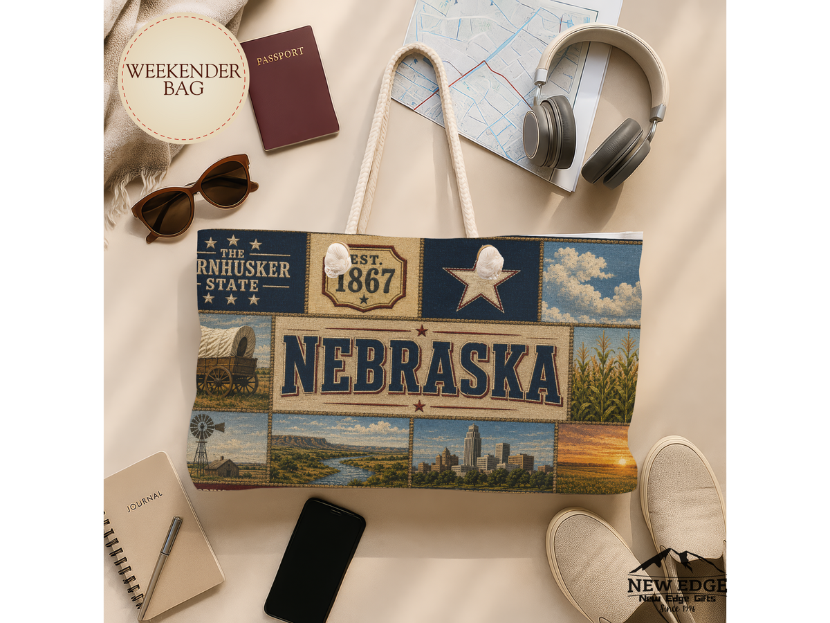 Nebraska Weekender Bag Cornhusker State Faux Patchwork Travel Tote Honoring the Past Building the Future Souvenir Gift