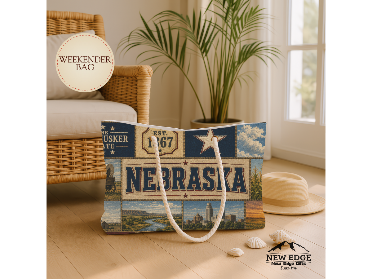 Nebraska Weekender Bag Cornhusker State Faux Patchwork Travel Tote Honoring the Past Building the Future Souvenir Gift