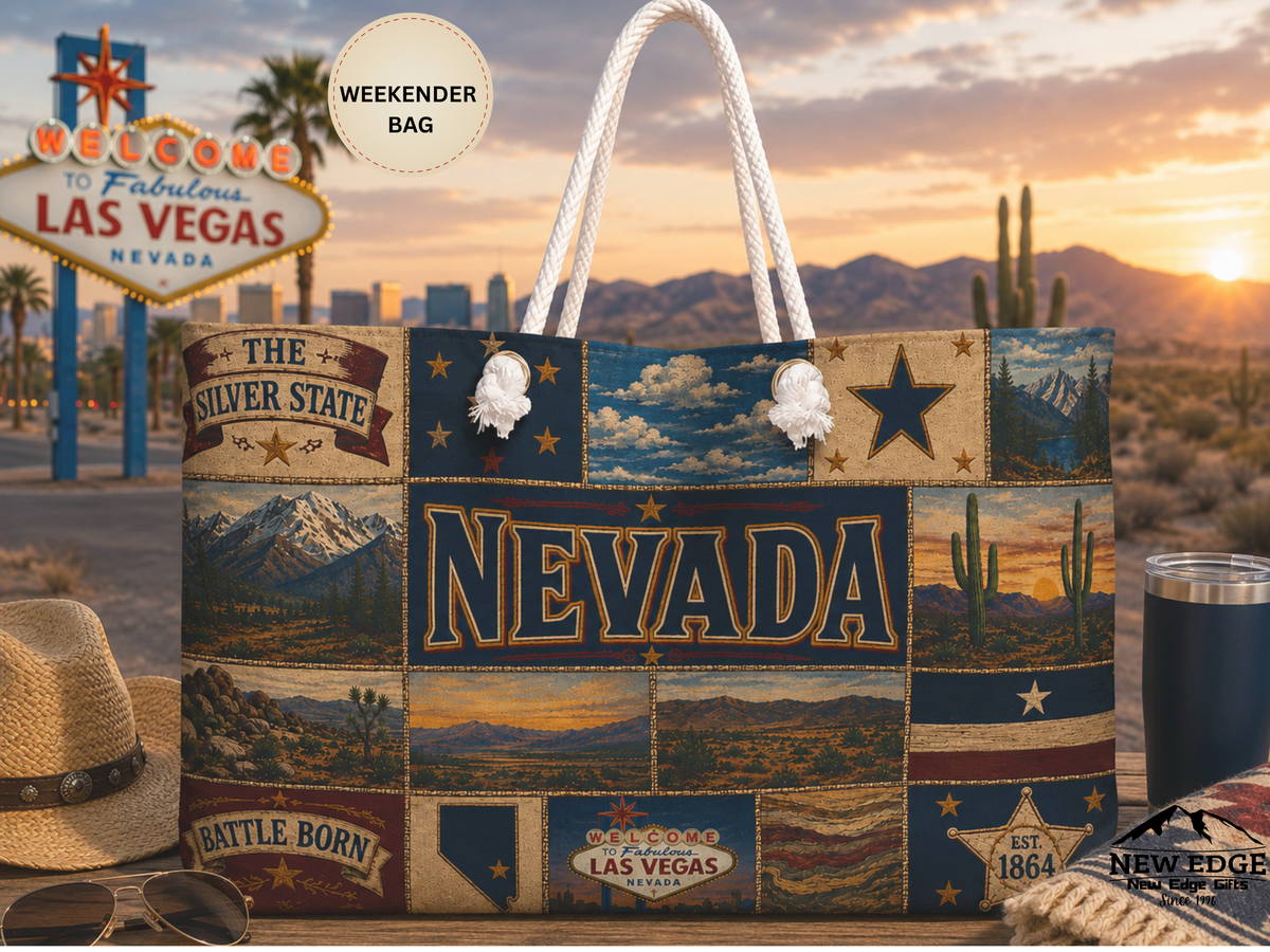 Nevada Weekender Bag Battle Born Faux Patchwork Travel Tote Silver State Vintage Desert Western Adventure Gift