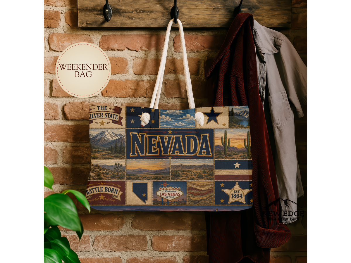 Nevada Weekender Bag Battle Born Faux Patchwork Travel Tote Silver State Vintage Desert Western Adventure Gift